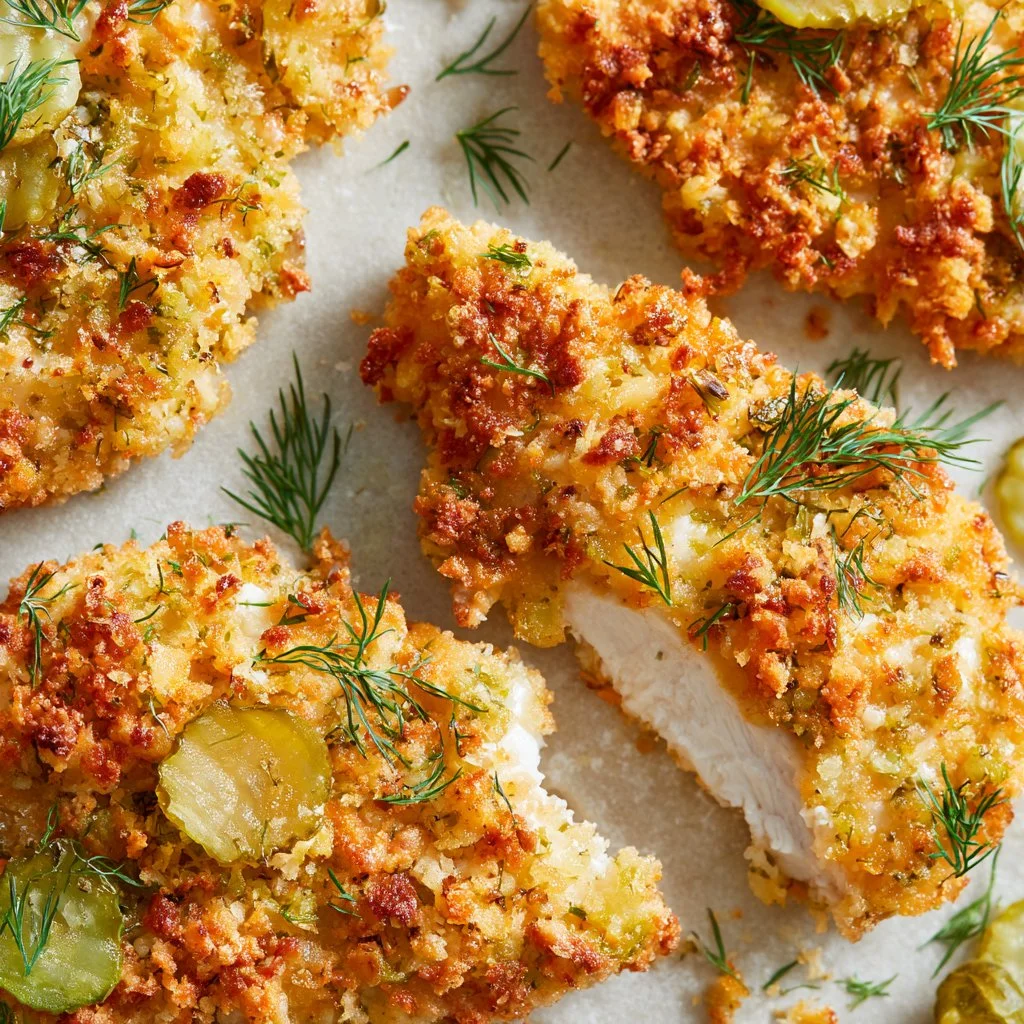 Plate of Crispy Parmesan Chicken with Dill Pickle Crust garnished with herbs