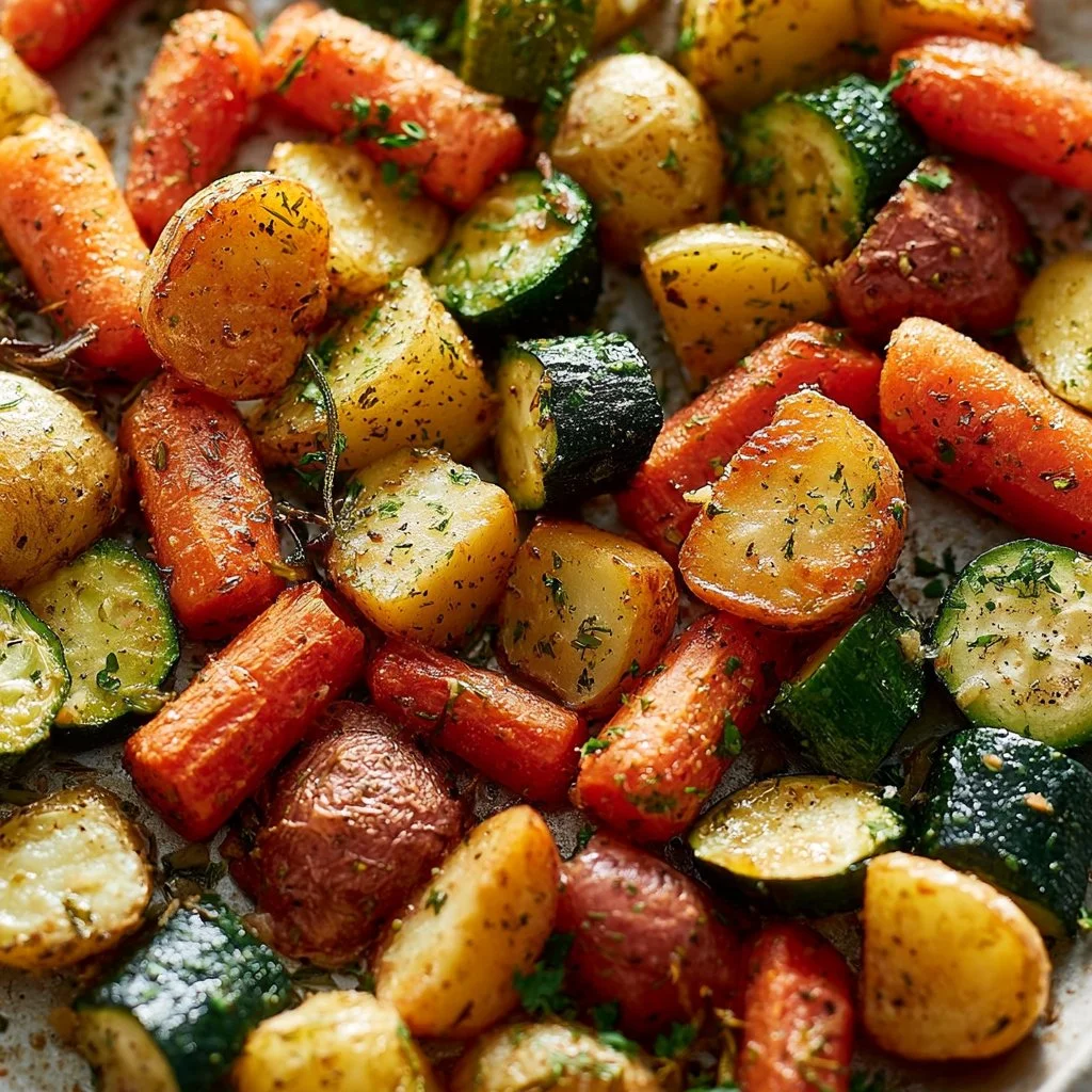 Delicious Garlic-Herb Roasted Potatoes with Carrots and Zucchini on a serving plate