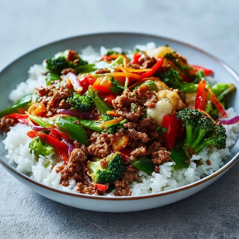 Garlic-infused spicy ground beef stir-fry bowl with fresh vegetables