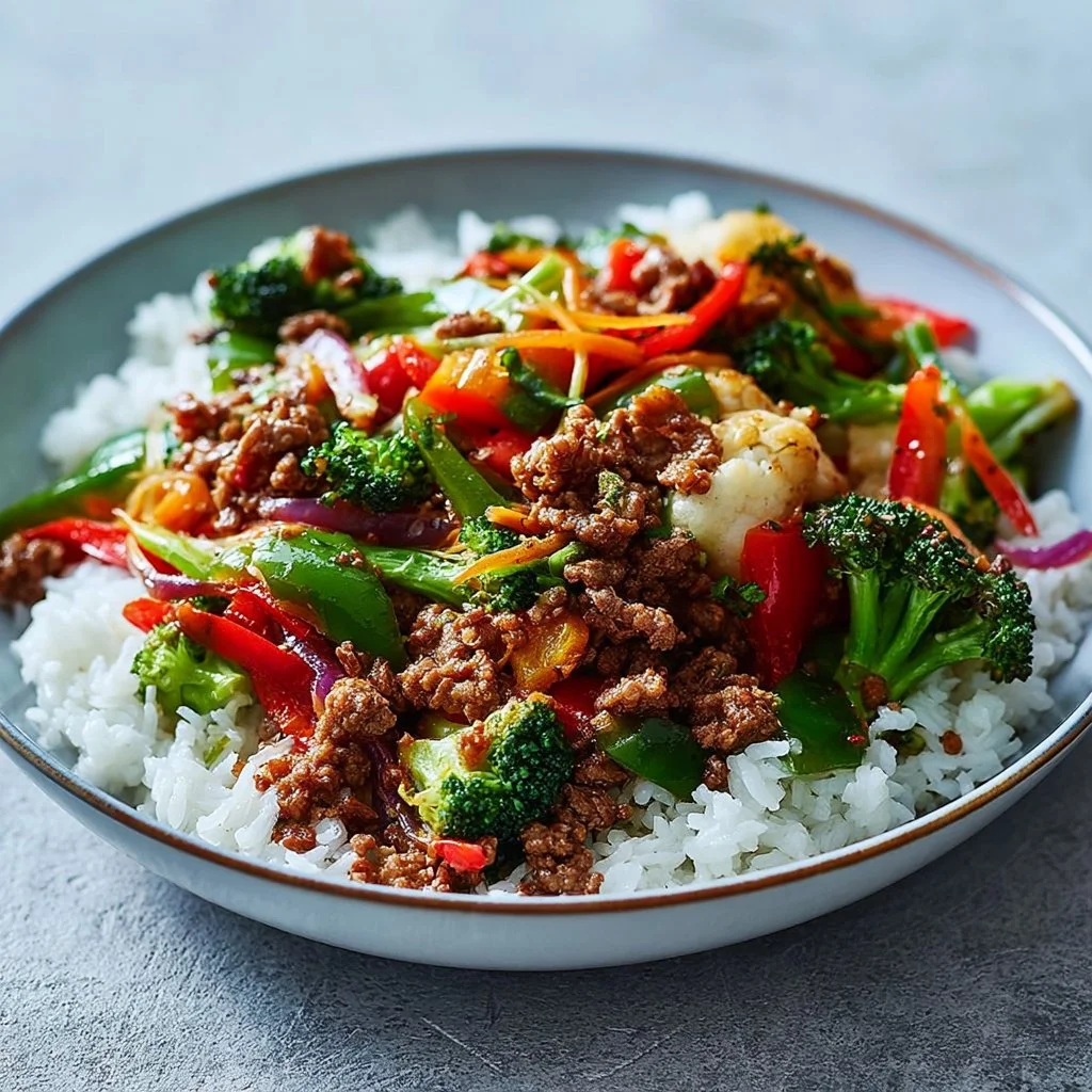 Garlic-infused spicy ground beef stir-fry bowl with fresh vegetables