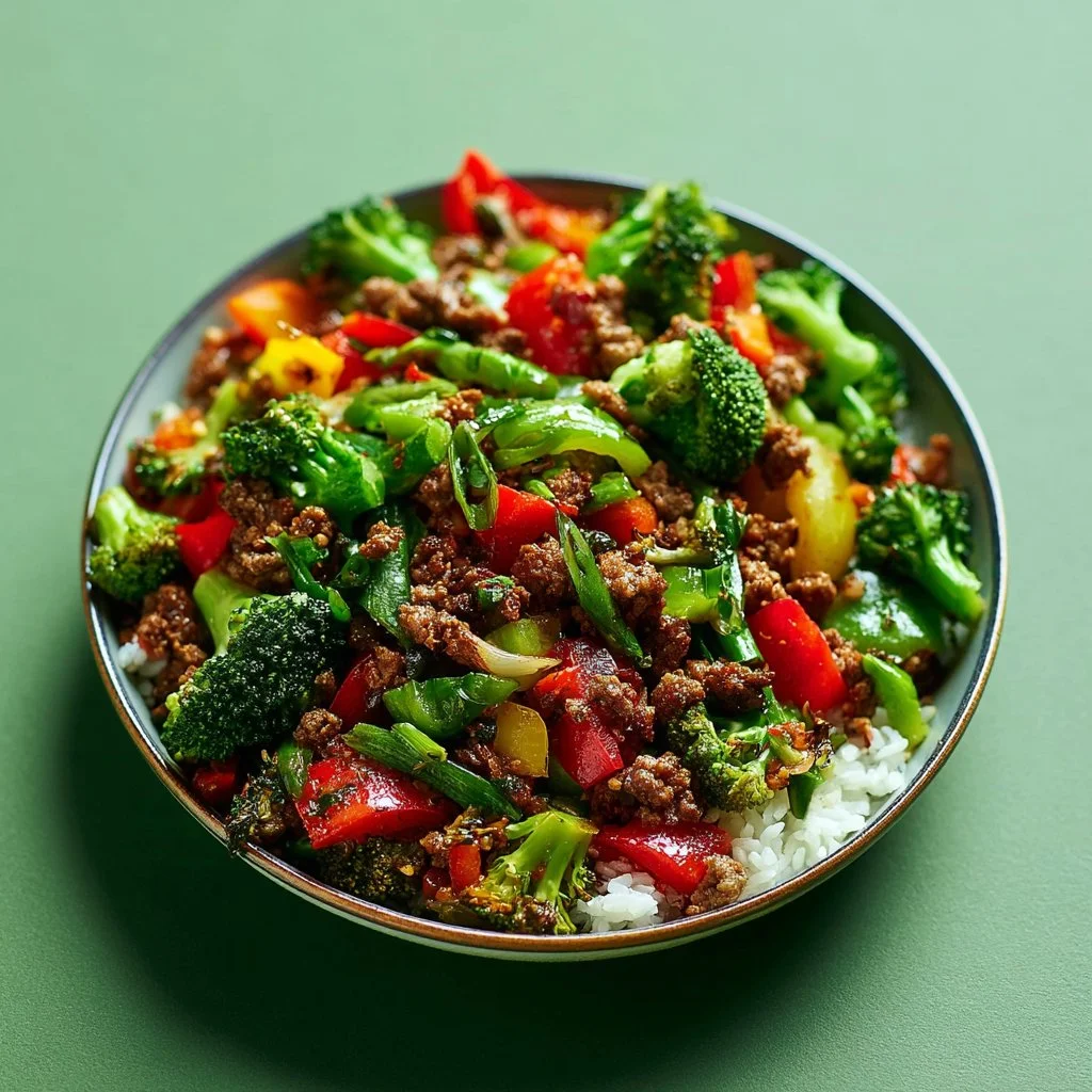 Spicy Ground Beef Stir-Fry Bowl with Garlic Veggies Delight