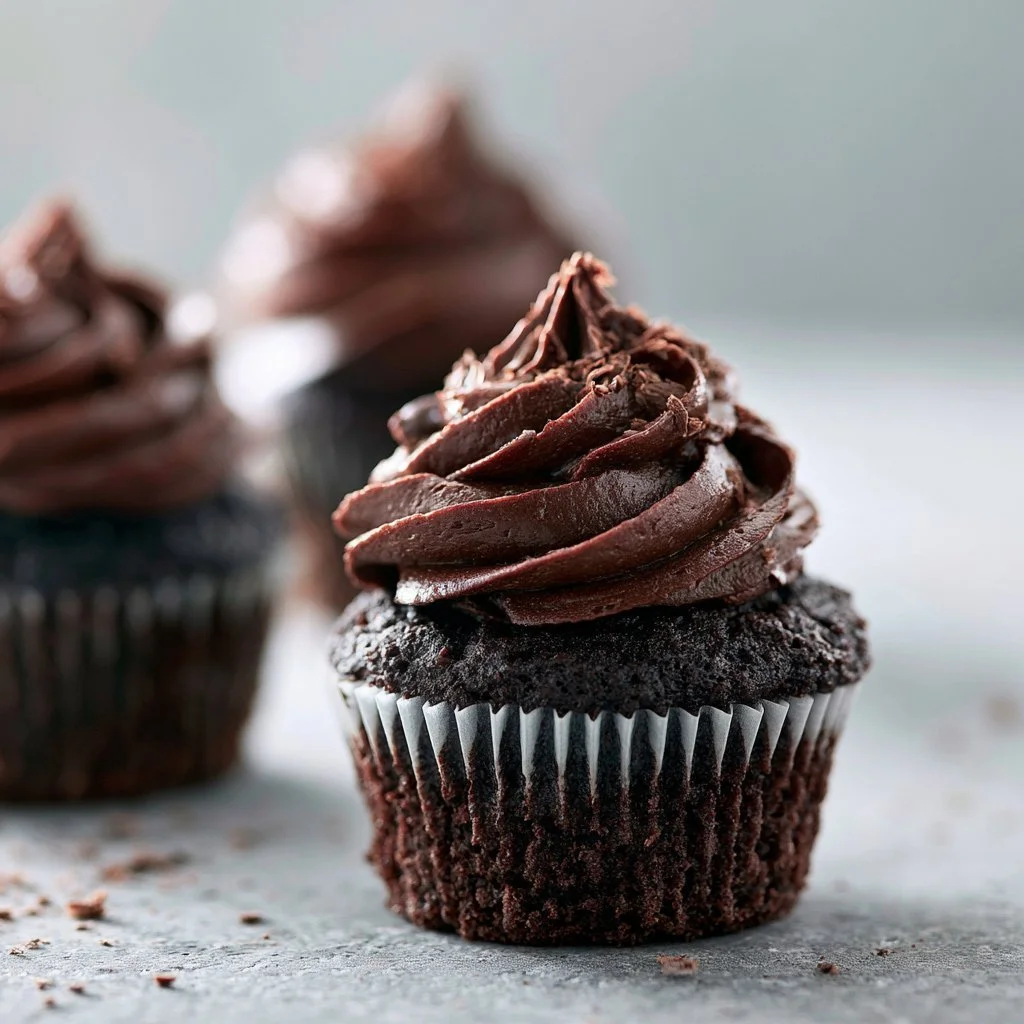 Gluten-free chocolate cupcakes topped with creamy chocolate frosting.
