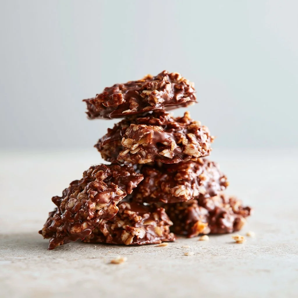 A plate of healthy no bake cookies made with oats and chocolate