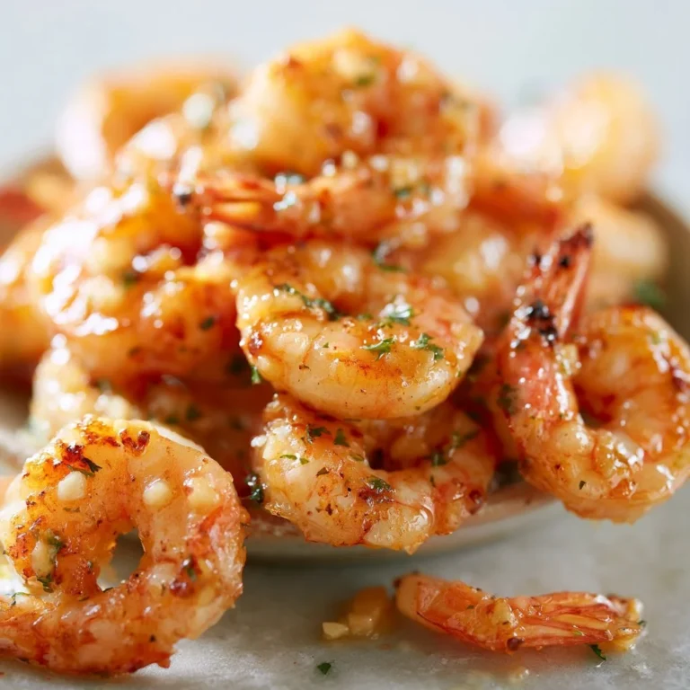 Plate of high-protein honey garlic shrimp garnished with herbs