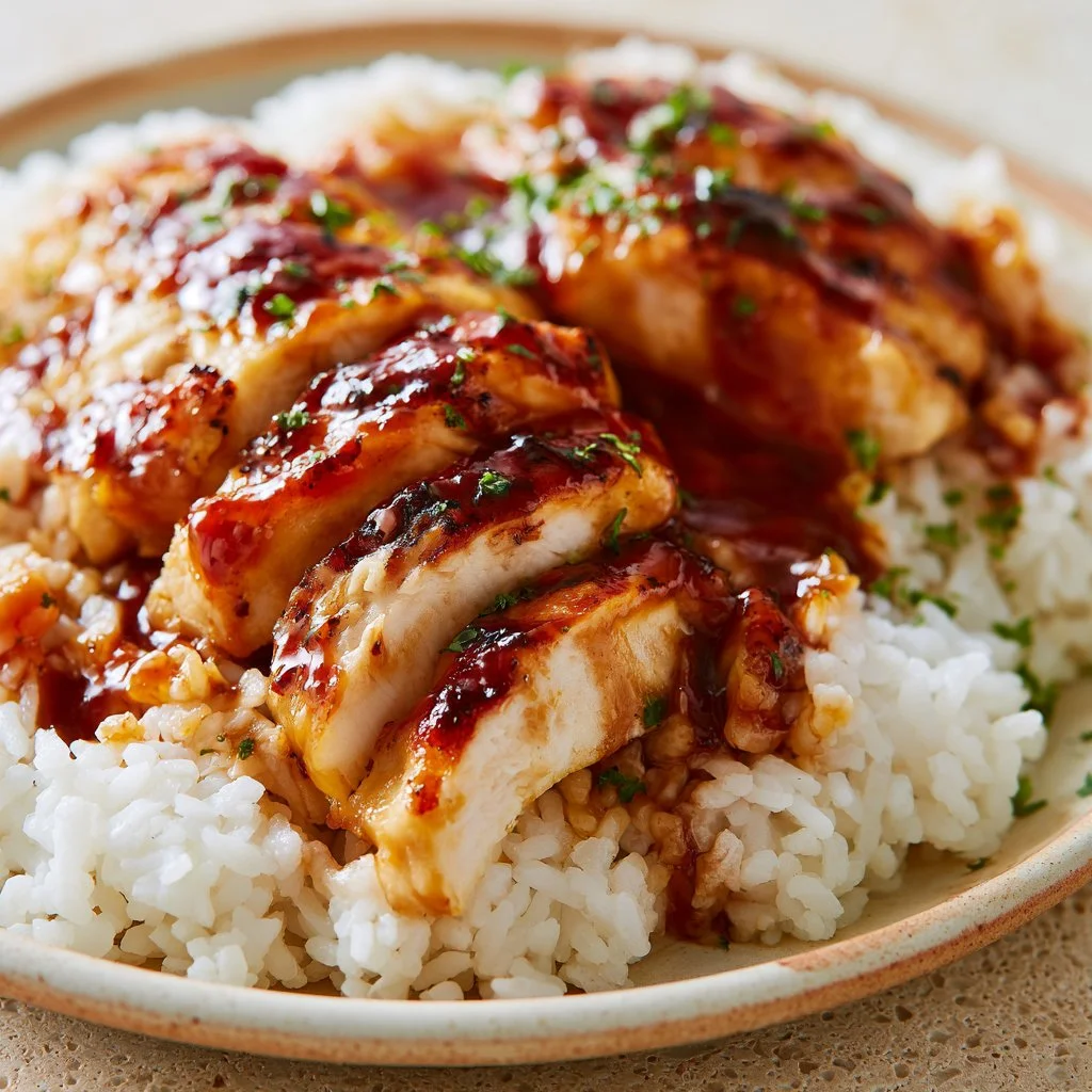 Honey-glazed BBQ chicken served with rice on a plate
