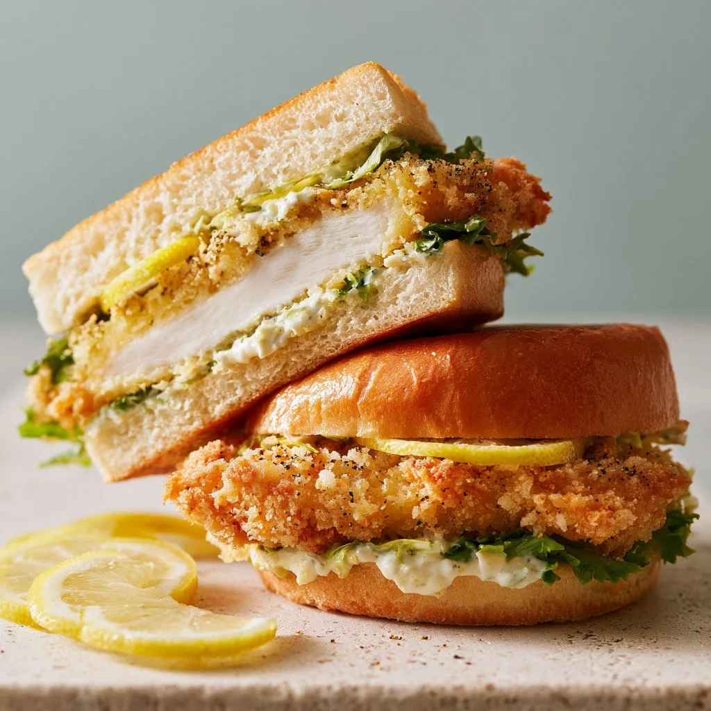 Lemon Pepper Crispy Chicken Sandwich with fresh ingredients and crispy coating