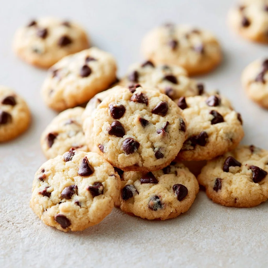 Plate of mini chocolate chip cookies fresh out of the oven