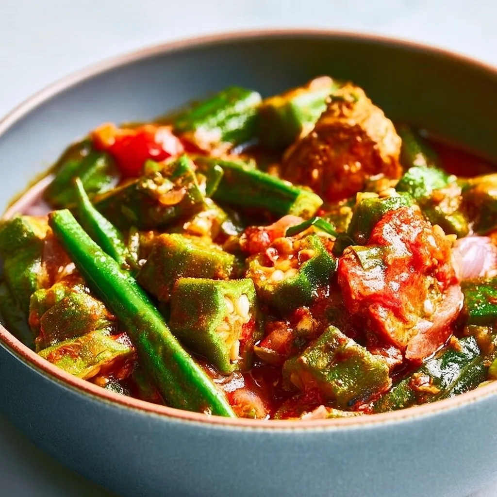 Delicious bowl of Okra Stew with fresh vegetables and spices