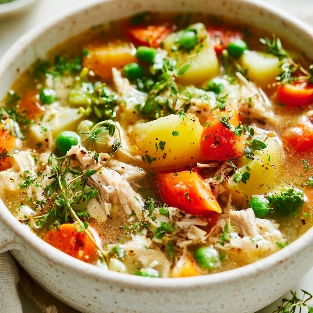 Bowl of robust chicken and vegetable soup with fresh herbs and colorful vegetables